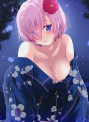 Rule 34 | 1girl, all fours, alternate costume, blush, breasts, cleavage, collarbone, eyes visible through hair, fate/grand order, fate (series), floral print, flower, hair flower, hair ornament, hair over one eye, highres, japanese clothes, kimono, kimono pull, large breasts, light purple hair, looking at viewer, mash kyrielight, night, no bra, outdoors, purple eyes, short hair, solo, sweat, uzuki hiro, yukata