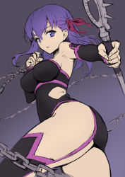 Rule 34 | 1girl, ass, bare shoulders, black dress, breasts, chain, cosplay, covered erect nipples, detached sleeves, dress, facial mark, fate/stay night, fate (series), forehead mark, garter straps, hair ribbon, haoni, long hair, matou sakura, medium breasts, medusa (fate), medusa (rider) (fate), medusa (rider) (fate) (cosplay), medusa (rider) (third ascension) (fate), nameless dagger (fate), purple eyes, purple hair, ribbon, sketch, solo, thighhighs, weapon