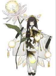 Rule 34 | 1girl, antennae, bity3155660241, black footwear, black sash, blunt bangs, brown hair, bug print, character request, commentary, crown, dandelion, english commentary, fireflies, flower, full body, gold headwear, holding, holding flower, insect wings, japanese clothes, kimono, long hair, long sleeves, obi, okobo, onmyoji, oversized flower, pom pom (clothes), ribbon, sandals, sash, simple background, sleeves past wrists, solo, straight-on, straight hair, white background, white flower, white kimono, white sleeves, wide sleeves, wings, yellow ribbon, yellow wings, yukata