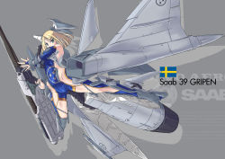 Rule 34 | 1girl, armpits, blonde hair, blue eyes, cameltoe, canards, elbow gloves, gloves, gluteal fold, highres, jet engine, mecha musume, nenchi, saab gripen, short hair, skin tight, solo, spread legs, sweden, swedish flag, weapon, wings