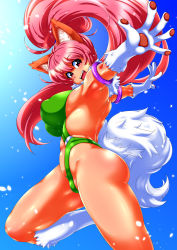 Rule 34 | 1girl, animal ears, animal hands, ass, bare legs, bare shoulders, breasts, cat ears, cat girl, cat tail, curvy, fangs, female focus, gradient background, happy, highres, large breasts, leotard, long hair, looking at viewer, open mouth, partially visible vulva, paw print, perisie (star ocean), pink hair, ponytail, red eyes, ryoi, shiny clothes, shiny skin, sideboob, simple background, smile, solo, star ocean, star ocean first departure, tail, thighs, thong leotard, very long hair