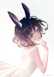 Rule 34 | 1girl, :o, animal ear fluff, animal ears, artist name, bare arms, bare shoulders, blue eyes, blush, dress, finger to mouth, from behind, hand up, index finger raised, looking at viewer, looking back, open mouth, original, purple hair, rabbit ears, short hair, shushing, simple background, sleeveless, sleeveless dress, solo, upper body, wadanaka, white background, white dress