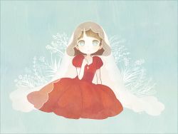 Rule 34 | 1girl, ayu (mog), bad id, bad pixiv id, brown hair, cross, cross necklace, dress, flower, jewelry, looking at viewer, necklace, original, red dress, sitting, solo, veil