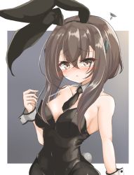 Rule 34 | 1girl, alternate costume, animal ears, black necktie, blush, breasts, brown eyes, brown hair, cuff links, detached collar, embarrassed, fake animal ears, headband, kantai collection, kasashi (kasasi008), leotard, necktie, pantyhose, playboy bunny, rabbit ears, rabbit tail, small breasts, solo, taihou (kancolle), tail, upper body