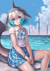 Rule 34 | 1girl, bare arms, black hair, blowhole, blue eyes, blue hair, bow, bowtie, cetacean tail, closed mouth, collared shirt, common bottlenose dolphin (kemono friends), day, dolphin girl, dorsal fin, expressionless, fins, fish tail, hair between eyes, head fins, head tilt, highres, horizon, kemono friends, kosai takayuki, looking at viewer, medium hair, miniskirt, multiple girls, ocean, outdoors, shirt, short sleeves, sitting, skirt, solo, tail, water, white hair, wind turbine, windmill, wing collar