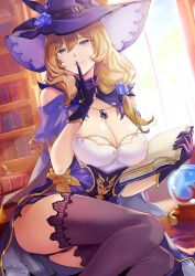 Rule 34 | 1girl, black gloves, black thighhighs, blue flower, blush, book, breasts, brown hair, cleavage, dress, finger to mouth, flower, genshin impact, gloves, green eyes, hair between eyes, hair ornament, hat, hiroki ree, holding, holding book, large breasts, lisa (genshin impact), long hair, looking at viewer, parted lips, rose, shushing, smile, solo, thighhighs, witch hat