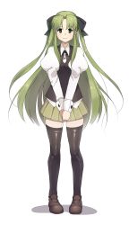 Rule 34 | 1girl, bow, drawfag, fia (riviera), full body, green eyes, green hair, green skirt, highres, loafers, long hair, matching hair/eyes, miniskirt, own hands together, pleated skirt, riviera, shoes, simple background, skirt, smile, solo, tareme, thighhighs, uniform, very long hair, zettai ryouiki