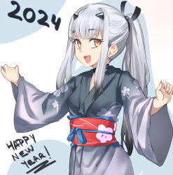 Rule 34 | 1girl, blush, breasts, das (dan dan), fate/grand order, fate (series), forked eyebrows, gradient hair, grey hair, grey kimono, highres, japanese clothes, kimono, long hair, long sleeves, looking at viewer, melusine (fate), multicolored hair, obi, open mouth, ponytail, sash, sidelocks, small breasts, smile, solo, white hair, wide sleeves, yellow eyes