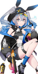 Rule 34 | absurdres, armpits, bronya zaychik, bronya zaychik (haxxor bunny), bullpup, child, grey eyes, gun, highres, holographic interface, honkai (series), honkai impact 3rd, long hair, md5 mismatch, resolution mismatch, silver hair, simple background, solo, source smaller, thigh strap, thighs, weapon, white background