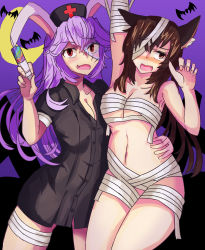 Rule 34 | 2girls, absurdres, animal ears, artist request, bandages, bat (animal), bdsm, blush, bondage, bound, breasts, brown hair, cleavage, collarbone, dress, fang, halloween, hat, highres, imaizumi kagerou, long hair, medium breasts, midriff, multiple girls, naked bandage, navel, nurse, nurse cap, one eye covered, open mouth, purple hair, red eyes, reisen udongein inaba, short dress, stomach, syringe, touhou, very long hair, wolf ears, zombie