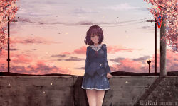 Rule 34 | 1girl, absurdres, bird, blue jacket, blue skirt, brown hair, chinese commentary, cloud, cloudy sky, commentary request, dated, eurai, evening, eyebrows hidden by hair, highres, huge filesize, jacket, katou megumi, legs, looking at viewer, medium hair, neckerchief, outdoors, road sign, saenai heroine no sodatekata, sign, skirt, sky, smile, solo, sunset, thighs, uniform, white neckerchief, yellow eyes