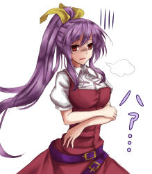 Rule 34 | 1girl, absurdres, amagi (amagi626), belt, breasts, collared shirt, disgust, dress, hair ribbon, hand on own elbow, highres, large breasts, long hair, open mouth, ponytail, puffy short sleeves, puffy sleeves, purple hair, red dress, red eyes, ribbon, shaded face, shirt, short sleeves, sidelocks, simple background, solo, touhou, watatsuki no yorihime, white background, white shirt