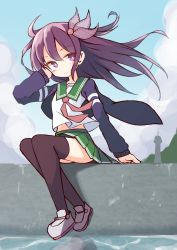 Rule 34 | 1girl, absurdres, arm support, blue sky, blush, brown thighhighs, closed mouth, cloud, cloudy sky, commentary request, day, floating hair, full body, green sailor collar, green skirt, grey footwear, hair between eyes, highres, ichi (ichi.colors), jacket, kantai collection, kisaragi (kancolle), kisaragi kai ni (kancolle), loafers, long hair, long sleeves, neckerchief, open clothes, open jacket, outdoors, pleated skirt, purple eyes, purple hair, purple jacket, red neckerchief, sailor collar, shirt, shoes, skirt, sky, smile, solo, thighhighs, very long hair, water, white shirt, wind