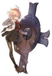 Rule 34 | 1girl, :o, ankle boots, blush, boots, breasts, brown footwear, brown pantyhose, dress, eyes visible through hair, fate/grand order, fate (series), fingernails, full body, glasses, hair over one eye, hand up, harunoibuki, high heel boots, high heels, jacket, leg up, long sleeves, looking at viewer, mash kyrielight, medium breasts, necktie, open clothes, open jacket, open mouth, pantyhose, pink hair, purple eyes, red necktie, semi-rimless eyewear, shield, short dress, short hair, signature, simple background, sleeveless, sleeveless dress, solo, standing, standing on one leg, white background