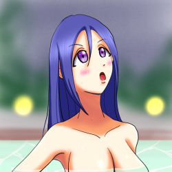 Rule 34 | 10s, 1girl, blue hair, blurry, blurry background, blush, breasts, floating breasts, hair down, large breasts, long hair, looking up, love live!, love live! sunshine!!, matsuura kanan, nude, open mouth, partially submerged, purple eyes, solo, upper body, water, wet, zero mozzarella