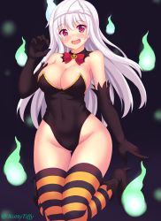 Rule 34 | 10s, 1girl, bare shoulders, black gloves, blush, breasts, cleavage, commentary, dark background, detached collar, elbow gloves, english commentary, ghost, gloves, gradient background, high heels, highleg, highleg leotard, highres, jack-o&#039;-lantern, large breasts, leotard, long hair, looking at viewer, nottytiffy, open mouth, red eyes, solo, strapless, strapless leotard, striped clothes, striped thighhighs, thighhighs, triangular headpiece, twitter username, white hair, yunohana yuuna, yuragisou no yuuna-san