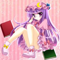 Rule 34 | 1girl, adjusting eyewear, bespectacled, blush, book, bow, crescent, female focus, full body, glasses, hair bow, hat, long hair, natsumikan, patchouli knowledge, purple eyes, purple hair, sitting, solo, striped, striped background, touhou