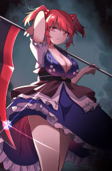 Rule 34 | 1girl, blue kimono, breasts, cleavage, e.o., frilled kimono, frills, highres, holding, holding scythe, japanese clothes, kimono, large breasts, looking at viewer, onozuka komachi, puffy short sleeves, puffy sleeves, red eyes, red hair, scythe, short sleeves, solo, touhou, two side up