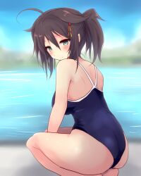 Rule 34 | 1girl, ahoge, alternate costume, alternate hairstyle, ass, back, blue eyes, blurry, blurry background, blush, braid, breasts, competition school swimsuit, forest, hair flaps, hair ribbon, highres, hirune (konekonelkk), kantai collection, long hair, looking at viewer, medium breasts, multiple girls, nature, ponytail, ribbon, river, school swimsuit, shigure (kancolle), shigure kai ni (kancolle), solo, squatting, swimsuit, twintails, water