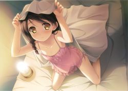 Rule 34 | 1girl, absurdres, armpits, arms up, bare shoulders, barefoot, blush, bow, bow panties, braid, brown hair, chemise, collarbone, cropped, flat chest, foreshortening, from above, full body, highres, hirosaki kanade, kantoku, kneeling, lingerie, panties, petite, pink panties, scan, see-through, side-tie panties, side braid, smile, solo, under covers, underwear, underwear only, yellow eyes, your diary