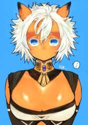 Rule 34 | ..., 1girl, adventurer (ff11), animal ears, blue background, blue eyes, breasts, cat ears, cat girl, cleavage, closed mouth, colored eyelashes, doraeshi, final fantasy, final fantasy xi, frown, hair between eyes, highres, large breasts, looking at viewer, mithra (ff11), short hair, simple background, solo, speech bubble, spoken ellipsis, straight-on, upper body, white hair