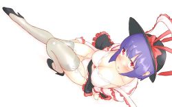 Rule 34 | 1girl, black footwear, blush, breasts, cleavage, clothes pull, collarbone, commentary request, from above, full body, garter straps, hat, hat ribbon, high heels, highleg, highleg panties, long sleeves, looking at viewer, medium breasts, nagae iku, non (z-art), panties, parted lips, purple hair, red eyes, ribbon, shirt pull, short hair, simple background, solo, thighhighs, touhou, underwear, white background, white panties