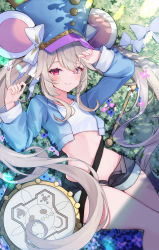 Rule 34 | 1girl, absurdres, animal ears, arms up, black shorts, blue hat, blue jacket, closed mouth, commission, crop top, cropped jacket, drum, drumsticks, dungeon and fighter, flower, grey hair, haidollo, hat, highres, instrument, jacket, lifeff, long hair, long sleeves, looking at viewer, lying, micro shorts, midriff, mouse ears, mouse girl, navel, on back, open clothes, open fly, open jacket, pixiv commission, red eyes, shirt, short shorts, shorts, smile, solo, stomach, strap, thighs, twintails, very long hair, white shirt