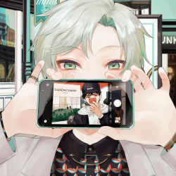 Rule 34 | 2boys, baseball cap, black headwear, black jacket, black shirt, blue eyes, blue hair, cellphone, commentary, drawstring, grey jacket, hat, highres, holding, holding phone, hood, hood down, hoodie, jacket, long sleeves, looking at viewer, male focus, mege (megechan), multiple boys, original, outdoors, phone, red eyes, shirt, short hair, smartphone, taking picture, white hoodie