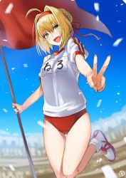 Rule 34 | 10s, 1girl, absurdres, ahoge, bad id, bad twitter id, blonde hair, blush, buruma, confetti, day, fang, fate/extra, fate/grand order, fate (series), flag, green eyes, hair intakes, headband, hieung, highres, name tag, nero claudius (fate), nero claudius (fate) (all), nero claudius (fate/extra), nero claudius (olympian bloomers) (fate), official alternate costume, open mouth, outdoors, short sleeves, solo, sportswear, stadium, standing, standing on one leg, v