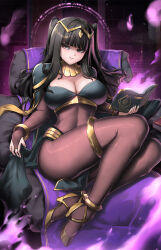 Rule 34 | 1girl, black eyes, black hair, bodystocking, book, breasts, bridal gauntlets, burnt green tea, cape, cleavage, female focus, fire emblem, fire emblem awakening, full body, highres, holding, holding book, large breasts, long hair, matching hair/eyes, nintendo, parted lips, smile, solo, tharja (fire emblem), thick thighs, thighs