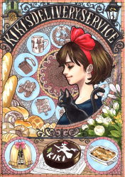 Rule 34 | 1980s (style), 1girl, absurdres, art nouveau, birdcage, black cat, bouquet, brown hair, cage, cake, cat, character name, copyright name, cup, flower, food, from side, hairband, half-closed eyes, highres, jiji (majo no takkyuubin), kiki (majo no takkyuubin), majo no takkyuubin, map, marker (medium), retro artstyle, profile, radio, retro artstyle, rose, shoes, short hair, smile, studio ghibli, takumi (marlboro), teacup, traditional media, white flower, white rose