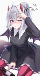 Rule 34 | 1girl, ;p, absurdres, ahoge, alcohol, arch a4, black dress, blush, breasts, collar, demon girl, demon horns, demon wings, dress, frilled dress, frills, grey hair, hair intakes, highres, horns, ine (vtuber), large breasts, long hair, long sleeves, looking at viewer, one eye closed, pantyhose, ponytail, purple wings, red horns, red pantyhose, sitting, solo, spill, tongue, tongue out, virtual youtuber, waktaverse, wariza, white collar, wine, wings