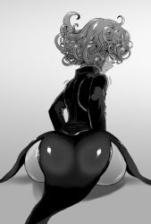 Rule 34 | 1girl, ass, ass focus, bad id, bad pixiv id, cropped legs, curly hair, dress, from behind, greyscale, highres, huge ass, looking back, monochrome, one-punch man, short hair, side slit, solo, sweatdrop, tatsumaki, the golden smurf