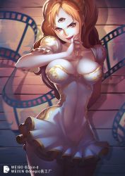 Rule 34 | 1girl, artist name, breasts, brown eyes, brown hair, charlotte pudding, cleavage, covered navel, cowboy shot, curly hair, highres, long hair, one piece, open mouth, skindentation, solo, teeth, third eye, twintails, upper body, zhang ding