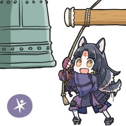 Rule 34 | 1girl, animal ears, arknights, bell, black hair, black kimono, brown eyes, dog-san, dog ears, dog girl, dog tail, facial mark, fingerless gloves, forehead mark, geta, gloves, japanese clothes, kimono, knee pads, long hair, long sleeves, open mouth, pants, purple gloves, purple pants, saga (arknights), signature, simple background, smile, solo, tail, tail wagging, white background, wide sleeves