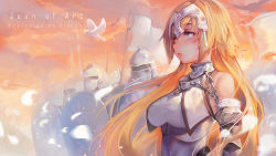 Rule 34 | 1girl, armor, armored dress, artist name, bird, blonde hair, blue eyes, chain, character name, cloud, fate/apocrypha, fate (series), feathers, headpiece, jeanne d&#039;arc (fate), jeanne d&#039;arc (ruler) (fate), jeanne d&#039;arc (third ascension) (fate), long hair, motion blur, orange sky, profile, shield, sky, sleeveless, xiaobang