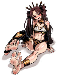 Rule 34 | 1girl, absurdres, barefoot, blush, breasts, brown hair, cleavage, fate/grand order, fate (series), feet, foot focus, highres, ishtar (fate), long hair, looking at viewer, nail polish, open mouth, red eyes, soles, solo, stirrup legwear, strapless, thighhighs, toeless legwear, toenail polish, toenails, toes, tube top, twintails, very long hair