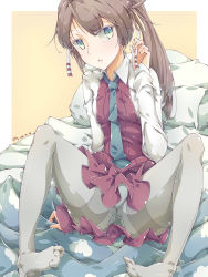 Rule 34 | 10s, 1girl, absurdres, artist name, bed sheet, blue eyes, blue necktie, border, brown hair, dated, eyebrows, falco arrow, grey pantyhose, hair ribbon, twirling hair, highres, kantai collection, kazagumo (kancolle), long hair, looking at viewer, necktie, open mouth, panties, panties under pantyhose, pantyhose, pantyshot, ponytail, ribbon, school uniform, shoes, unworn shoes, sitting, solo, spread legs, underwear, white border, yellow background