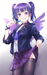 Rule 34 | 10s, 1girl, candy, choker, clothes lift, food, highres, kanabun, kazuno leah, lollipop, looking at viewer, love live!, love live! sunshine!!, medium hair, pink eyes, purple hair, skirt, skirt lift, standing, thighhighs, tongue, tongue out, twintails