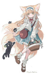 Rule 34 | 1girl, animal, animal ear fluff, animal ears, arknights, bag, basket, black cat, blonde hair, blue hairband, blue skirt, brown footwear, cat, chinese commentary, closed mouth, commentary, fox ears, fox girl, fox tail, frilled hairband, frills, full body, green eyes, hairband, heixiu, highres, holding, holding basket, jacket, kitsune, kyuubi, long hair, long sleeves, looking at viewer, luo xiaohei, luo xiaohei zhanji, mixed-language commentary, multicolored hair, multiple tails, neck ribbon, official alternate costume, open clothes, open jacket, puffy long sleeves, puffy sleeves, red medicine, red ribbon, ribbon, shirt, shoes, shoulder bag, simple background, skirt, smile, socks, solo, standing, standing on one leg, suzuran (arknights), suzuran (spring praise) (arknights), tail, twitter username, two-tone hair, very long hair, white background, white hair, white jacket, white shirt, white socks