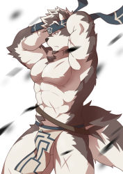Rule 34 | 1boy, abs, absurdres, ainu clothes, animal ears, arms up, bara, bare pectorals, bulge, chest hair, clothes lift, cross scar, feet out of frame, fluffy, from side, furry, furry male, grey fur, grey hair, harness, headband, highres, horkeu kamui, large pectorals, looking to the side, male focus, muscular, muscular male, navel hair, nipples, no nipples, pectorals, pelvic curtain, pelvic curtain lift, revealing clothes, scar, scar on chest, scar on leg, short hair, solo, stomach, tail, thick thighs, thighs, tokyo houkago summoners, two-tone fur, white fur, wind, wolf boy, wolf ears, wolf tail, yellow eyes, zixiong zix