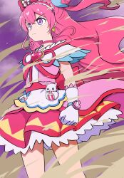 Rule 34 | 1girl, apron, brooch, choker, clenched hand, commentary, cone hair bun, cure precious, delicious party precure, earrings, gloves, hair bun, heart, heart brooch, highres, jewelry, kome-kome (precure), long hair, magical girl, nagomi yui, pink choker, pink hair, precure, purple eyes, solo, two side up, uraki, very long hair, white gloves