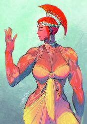 Rule 34 | 1girl, alternate costume, alternate hairstyle, arm at side, arm up, biceps, breasts, cleavage, closed eyes, commentary, dark-skinned female, dark skin, english commentary, facing to the side, highres, jewelry, large breasts, laurel crown, marisa (street fighter), medium hair, mohawk, mole, mole under eye, multiple rings, muscular, muscular female, quasimodox, red hair, ring, solo, standing, street fighter, street fighter 6, sun tattoo, tan, tanline, toga