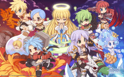 4boys 5girls ahoge aqua_(ragnarok_online) arch_bishop_(ragnarok_online) argyle_cape argyle_clothes argyle_shirt arm_blade armor armored_boots belt bikini_armor black_gloves black_pants black_thighhighs blonde_hair blue_dress blue_eyes blue_hair boots breasts brown_belt brown_eyes cape championship_belt cleavage closed_eyes closed_mouth clothes_around_waist copyright_notice cross cross_necklace cross_of_prontera crown dagger detached_sleeves dieter_(ragnarok_online) dragon dress ferus_(ragnarok_online) fire fishnet_thighhighs fishnets full_body fur_collar gauntlets genetic_(ragnarok_online) gloves green_eyes green_hair grey_jumpsuit guillotine_cross_(ragnarok_online) hair_between_eyes hairband halo hammer highres holding holding_dagger holding_hammer holding_knife holding_weapon jewelry juliet_sleeves jumpsuit jumpsuit_around_waist knife logo long_hair long_sleeves looking_afar mechanic_(ragnarok_online) medium_breasts multiple_boys multiple_girls necklace official_art official_wallpaper open_mouth orange_eyes pants pauldrons pelvic_curtain potion praying puffy_sleeves purple_hair ragnarok_online red_armor red_cape red_hair red_hairband reins riding_dragon rune_knight_(ragnarok_online) sash shirt shirt_around_waist short_hair shoulder_armor shrug_(clothing) small_breasts smile sorcerer_(ragnarok_online) speech_bubble spiked_pauldrons sura_(ragnarok_online) teeth thighhighs topless_male torn_cape torn_clothes traditional_halo two-tone_dress vambraces waist_cape water weapon white_cape white_dress white_pants white_shirt white_sleeves white_thighhighs yellow_halo yellow_sash yuichirou