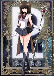 Rule 34 | 1girl, absurdres, bishoujo senshi sailor moon, boots, breasts, brown eyes, brown hair, brown ribbon, choker, cosplay, covered navel, elbow gloves, frown, full body, garnet rod, girls und panzer, gloves, high heel boots, high heels, highres, kamishima kanon, knee boots, long hair, medium breasts, miniskirt, nishizumi shiho, parted lips, pleated skirt, ribbon, sailor pluto, sailor pluto (cosplay), skirt, solo, staff, white gloves