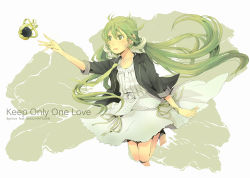 Rule 34 | 1girl, bad id, bad pixiv id, barefoot, blush, casual, character name, crown, dress, earrings, full body, green eyes, green hair, hairdressing, hatsune miku, jacket, jewelry, keep only one love (vocaloid), long hair, matching hair/eyes, necktie, open mouth, reaching, ribbon, short dress, simple background, sleeves rolled up, solo, song name, twintails, unworn crown, very long hair, vocaloid, white dress, yoshito