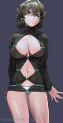 Rule 34 | 1girl, artist name, black eyes, black hair, black sweater, blue panties, breasts, cleavage, cleavage cutout, closed mouth, clothing cutout, cowboy shot, curly hair, eyebrows hidden by hair, female focus, grey background, hair between eyes, head tilt, large breasts, looking at viewer, looking down, navel, navel cutout, no bra, no pants, nose, odonata, open hands, panties, pantyshot, shiny clothes, shiny skin, short hair, sidelocks, simple background, solo, standing, sweater, thighs, turtleneck, turtleneck sweater, underwear, watermark, web address