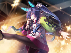 Rule 34 | 1girl, animal ears, black pantyhose, blue eyes, blue hair, bow, clothes writing, commentary request, concert, crossed bangs, dated, drawstring, feet out of frame, glowing, glowing ears, hair bow, heterochromia, highres, holding, holding microphone stand, hood, hoodie, horse ears, horse girl, horse tail, leg up, long hair, long sleeves, microphone, microphone stand, mikan yumeno, multicolored clothes, multicolored hoodie, music, open mouth, outstretched arm, pantyhose, purple eyes, sharp teeth, sidelocks, signature, singing, solo, stage lights, stuffed animal, stuffed rabbit, stuffed toy, tail, teeth, twin turbo (umamusume), twintails, umamusume, vintage microphone