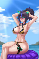 Rule 34 | 1girl, absurdres, animal ears, armpits, arms up, bikini, black hair, blue hair, breasts, cleavage, crossed legs, fake animal ears, highres, kson, large breasts, multicolored hair, nomo, ponytail, solo, swimsuit, thigh strap, toned, two-tone hair, virtual youtuber, vshojo, wet
