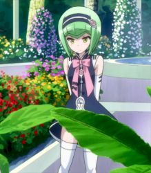 Rule 34 | 1girl, arms behind back, breasts, convenient censoring, francesca (isekai wa smartphone to tomo ni.), green hair, isekai wa smartphone to tomo ni., leaf, leaf censor, outdoors, plant, ribbon, screencap, short hair, stitched, thighhighs, third-party edit, yellow eyes
